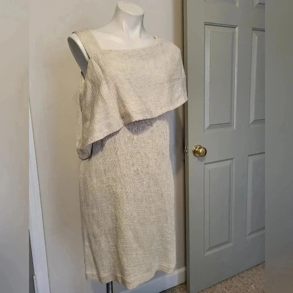 Nic + Zoe Asymmetrical Cream Neutral Linen Blend Dress with Pockets(12)